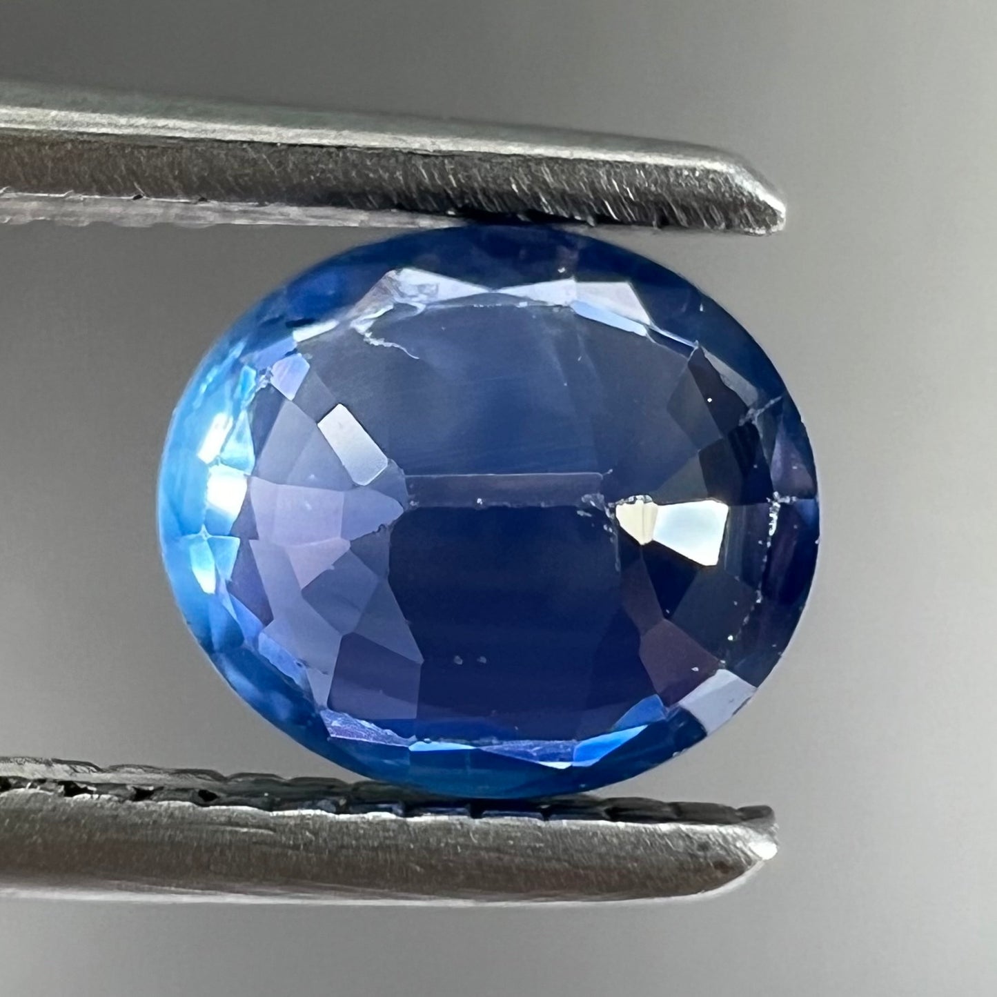 A loose, faceted oval cut natural blue sapphire. The color is a dark cornflower blue.