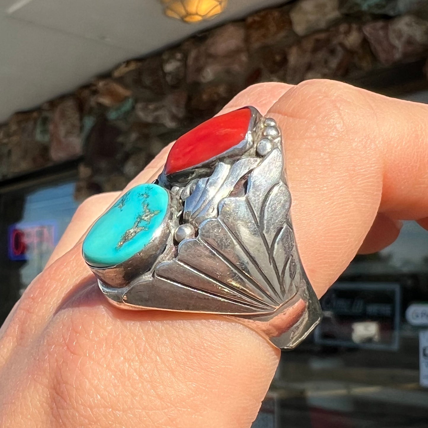 Men's Navajo Turquoise & Coral Ring in Sterling Silver | Vintage c.1960's