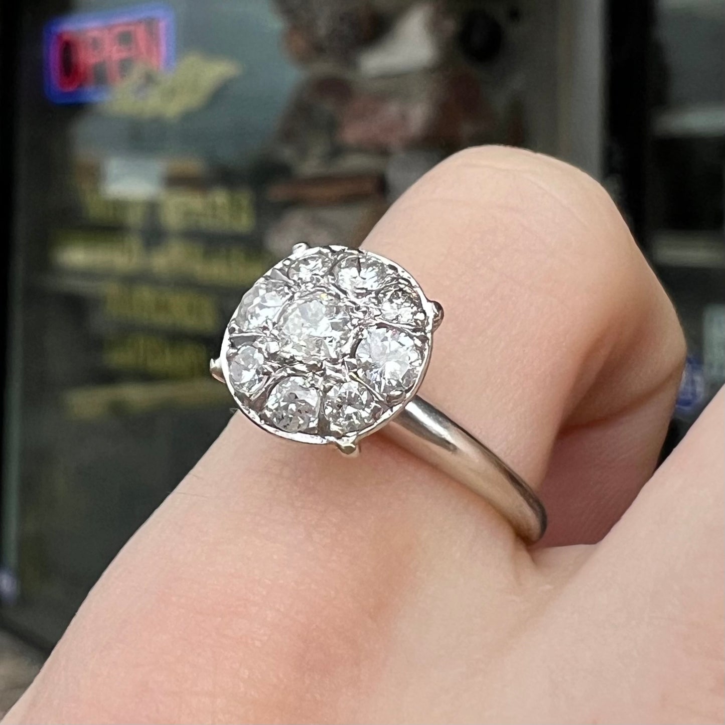 Edwardian Euro Cut Diamond Cluster Ring in 14kt White Gold, c.1910's