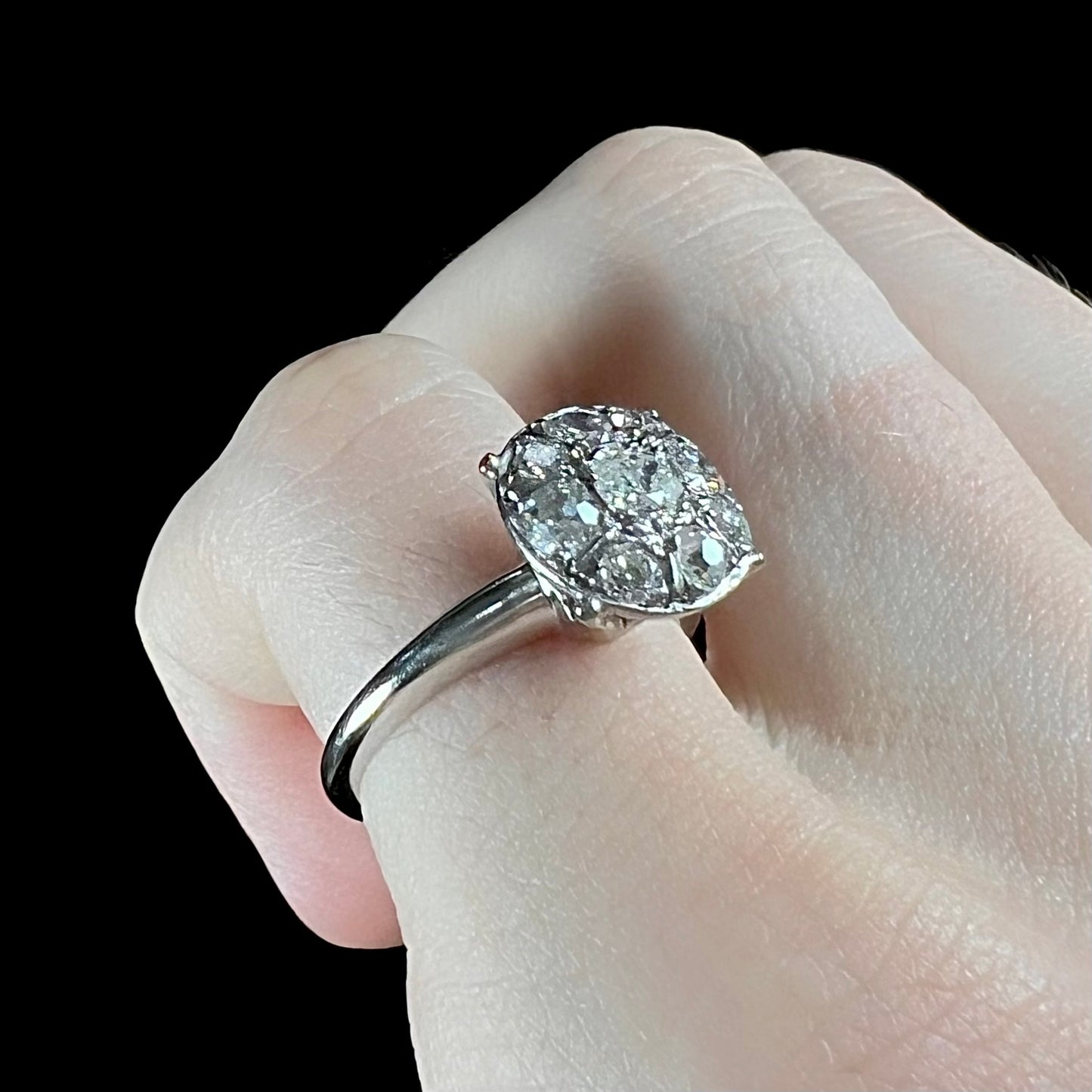 Edwardian Euro Cut Diamond Cluster Ring in 14kt White Gold, c.1910's