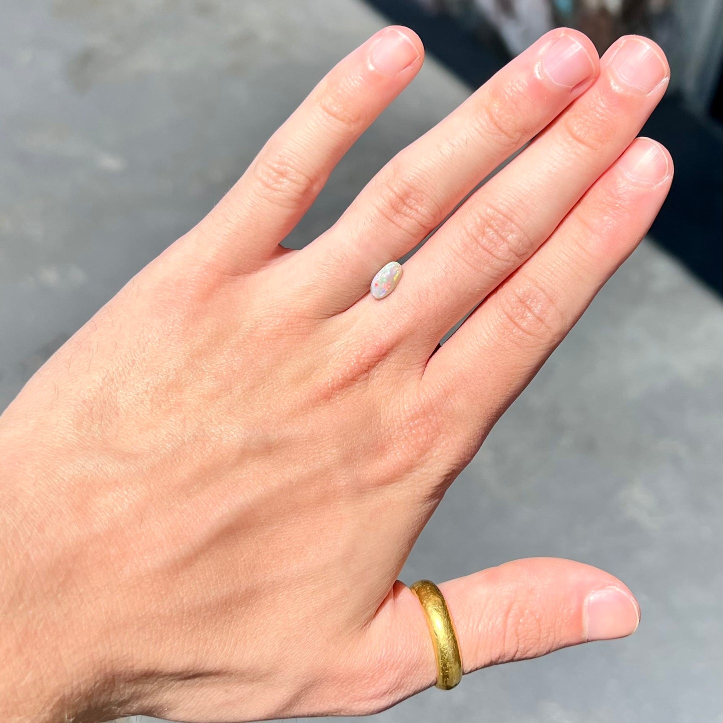 A loose, light opal from Lightning Ridge, Australia. The opal shines a rainbow of colors.