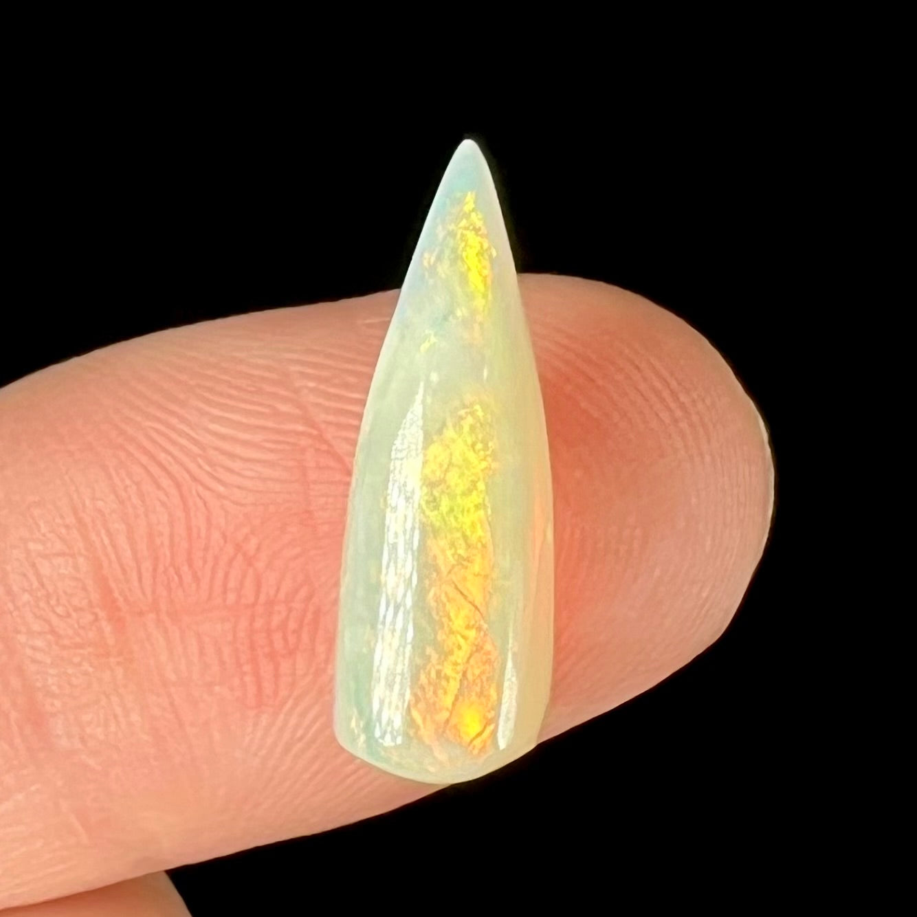 An opalized belemnite fossil from Coober Pedy, Australia. The specimen has red, yellow, and green play of color.