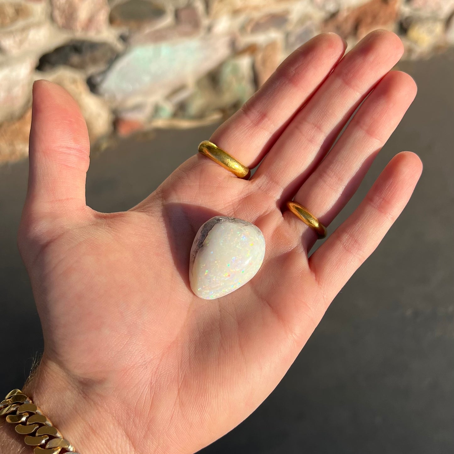 An opalized seashell fossil that displays play of color.  The full color spectrum is visible, including red, green, blue, and purple.