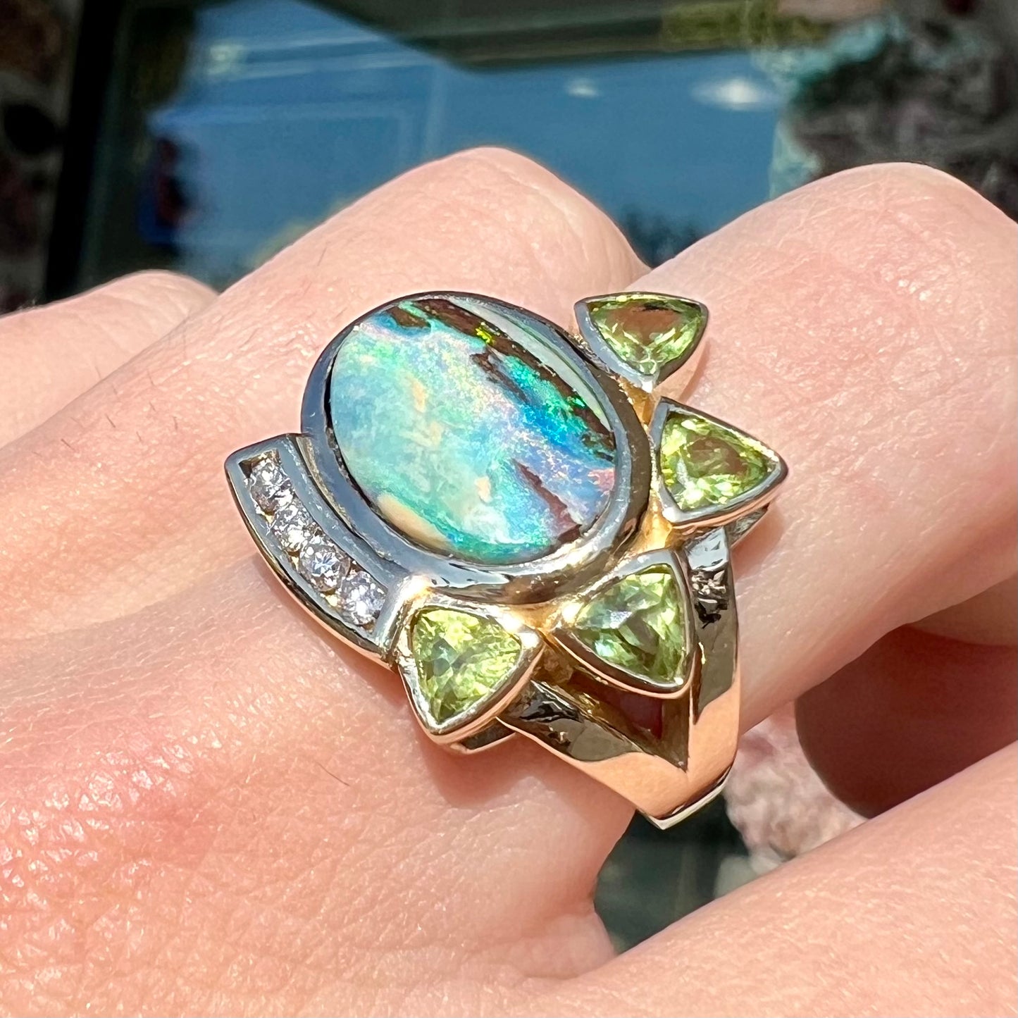 Dina | Custom Opalized Wood & Peridot Ring in 14kt Gold