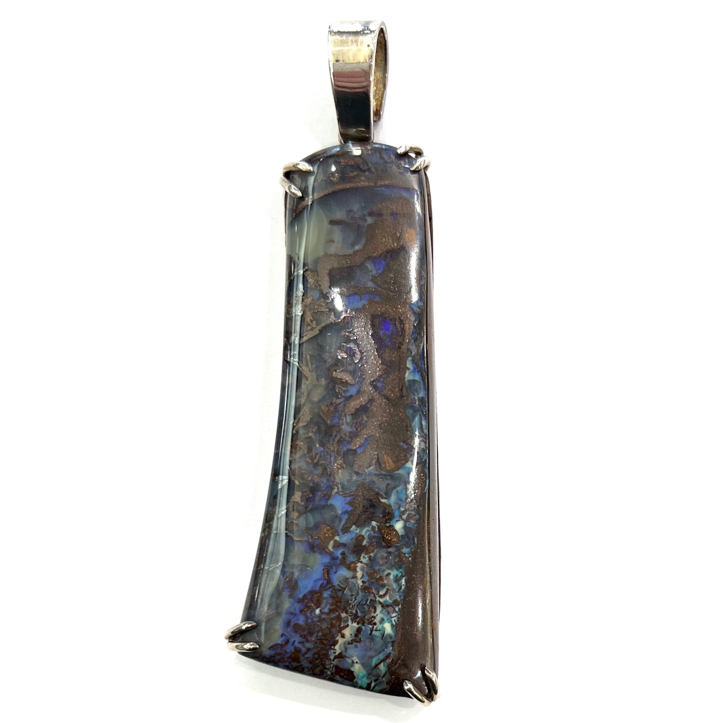 A men's sterling silver pendant set with a natural boulder opal from Quilpie, Australia.