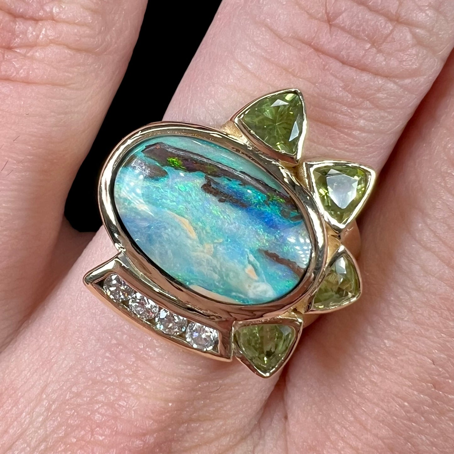 Dina | Custom Opalized Wood & Peridot Ring in 14kt Gold