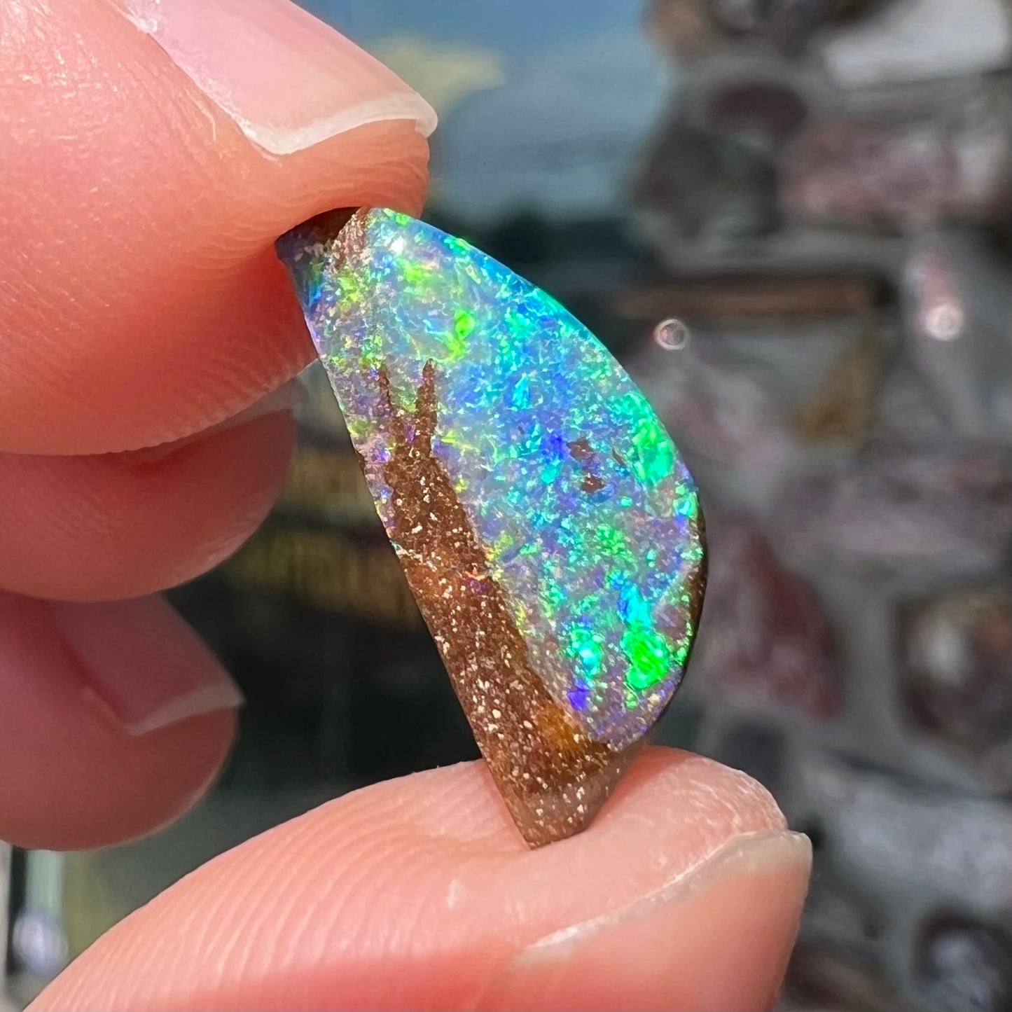 A freeform shaped boulder opal stone from Quilpie, Australia. The opal has bright blue and green play of color.