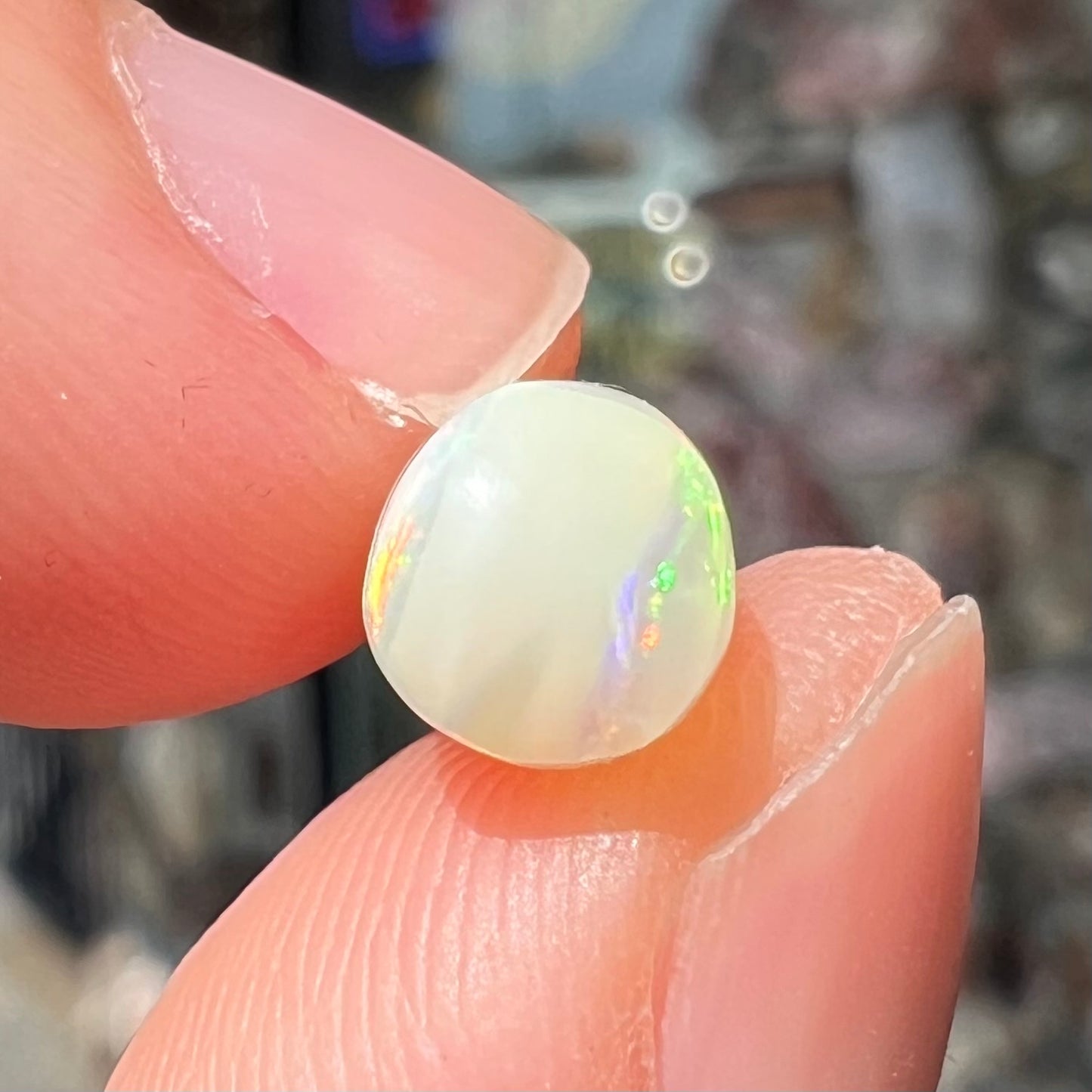 An opalized belemnite fossil from Coober Pedy, Australia. The specimen has red, yellow, and green play of color.