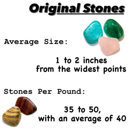 A sign that reads: "Original Stones.  Average Size: 1 to 2 inches from widest points.  Stones Per Pound: 35 to 50, with an average of 40."