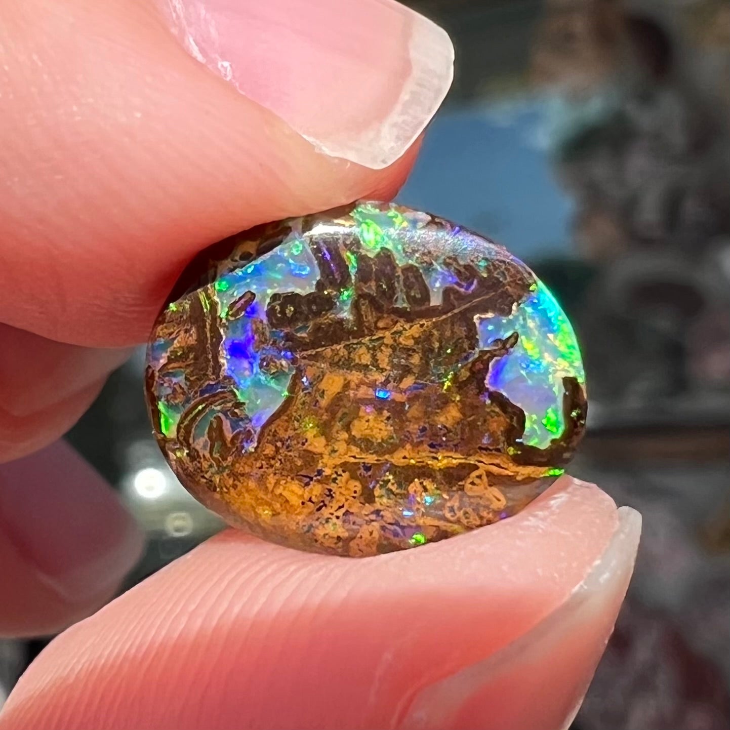 A bright green boulder opal stone from Koroit, Australia.