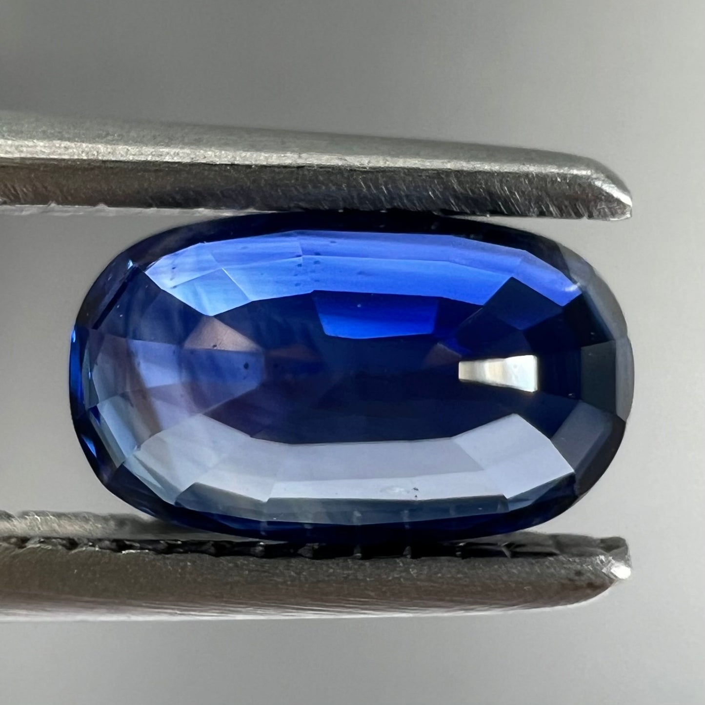 A loose, elongated oval cut blue sapphire gemstone.