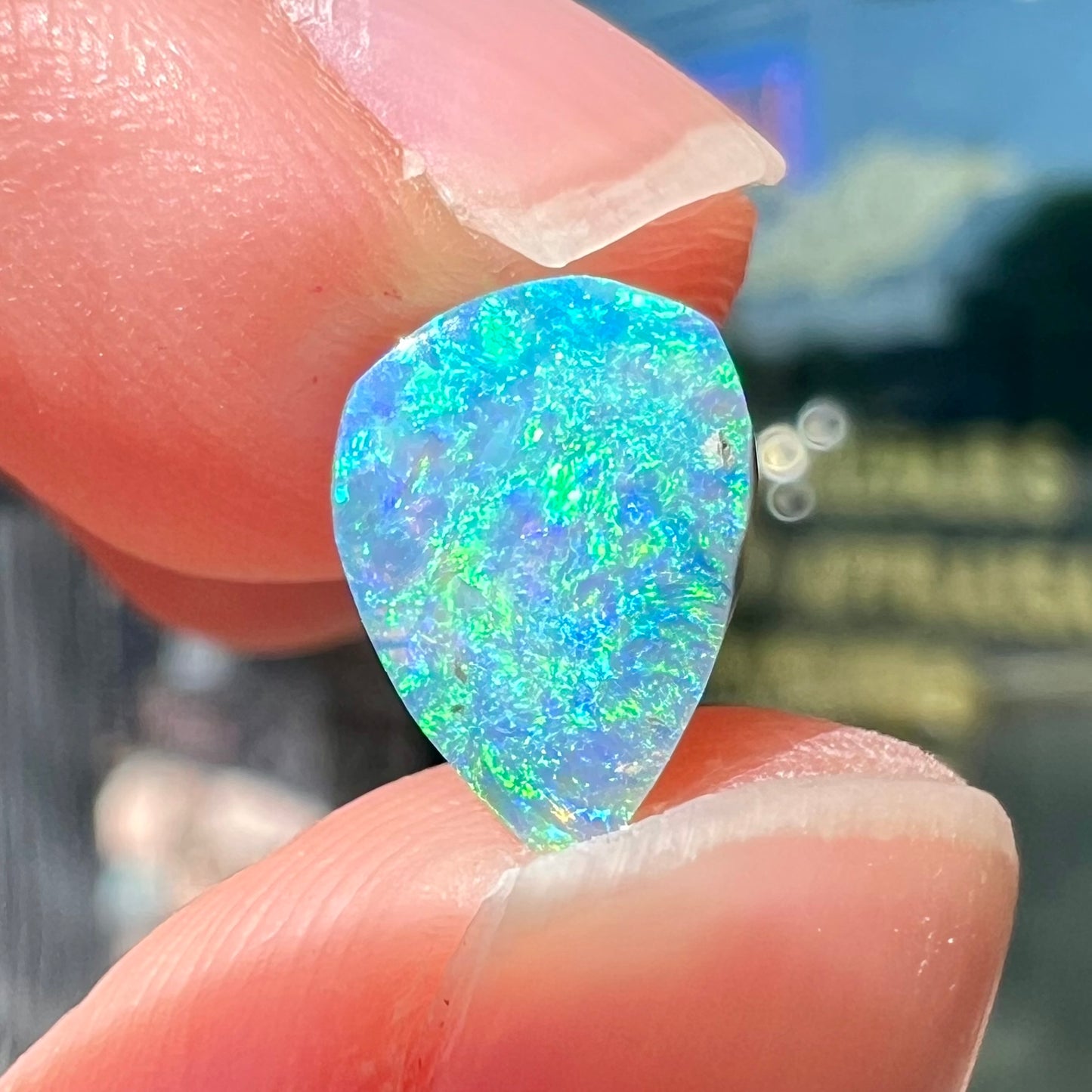 A loose, pear shaped black opal from LIghtning Ridge, Australia. The opal shines blue and green colors.