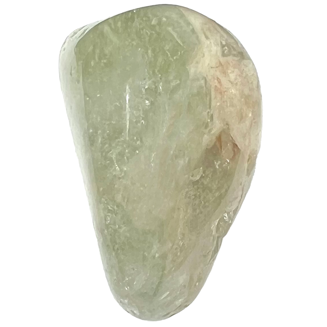 A tumbled prasiolite quartz stone.  The stone is faint light green and transluscent.