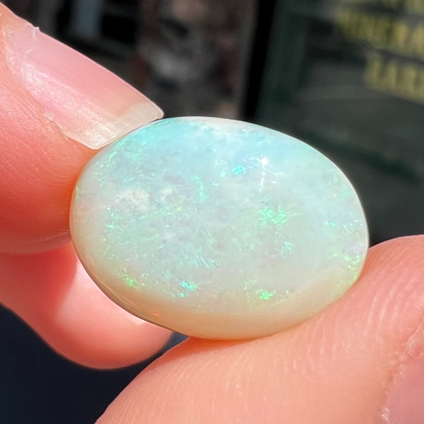 An oval cabochon cut white opal stone from Coober Pedy, Australia. The opal has subtle colors of green and blue.