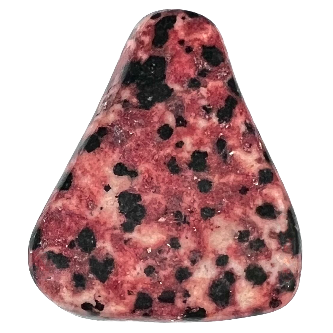 A tumble polished red dalmatian stone.  The stone is pink with black spots.