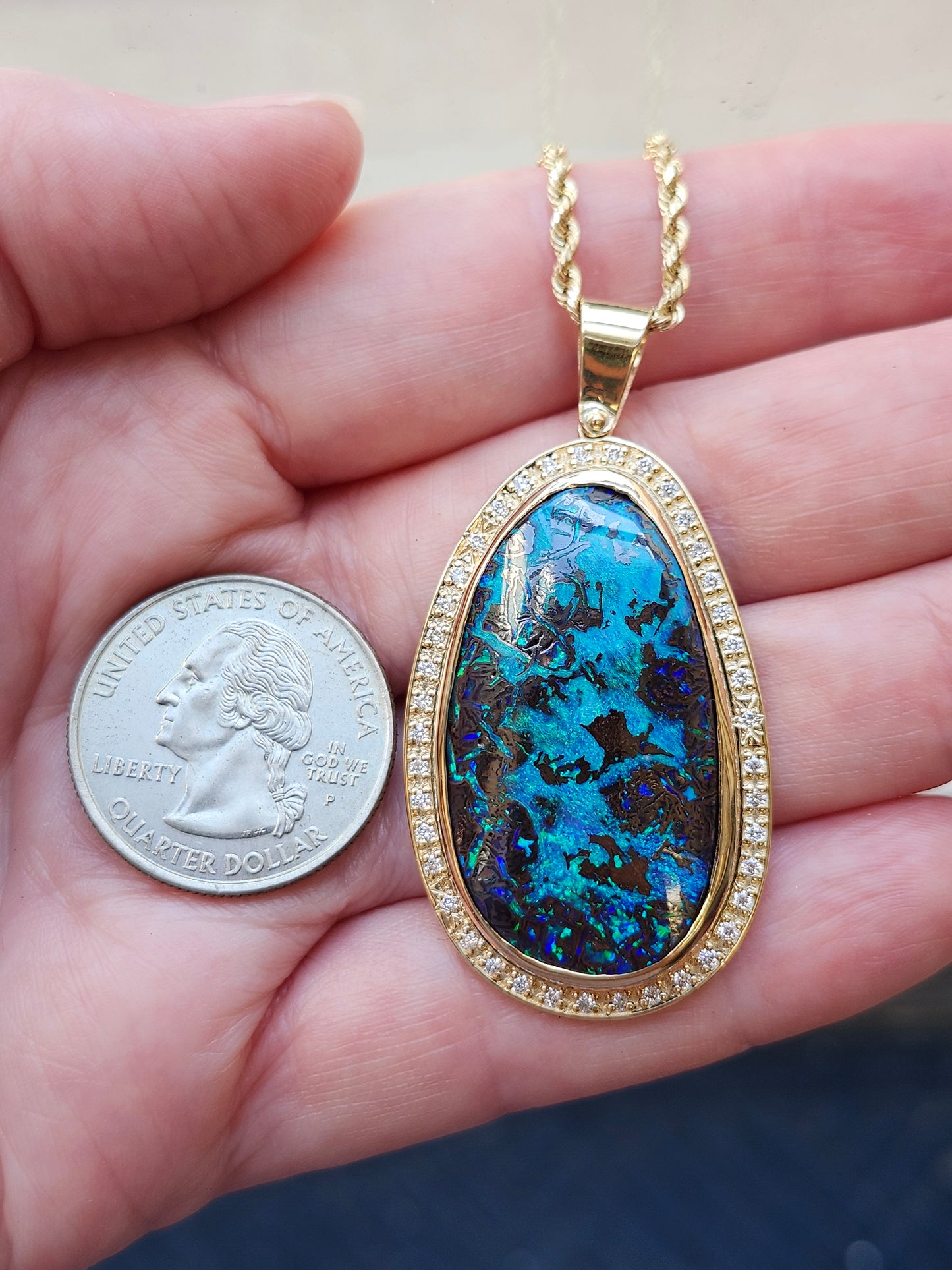Neptune's Sea | Australian Boulder Opal and Diamond Pendant | 14kt