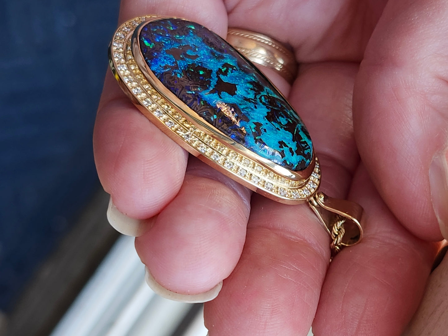 Neptune's Sea | Australian Boulder Opal and Diamond Pendant | 14kt