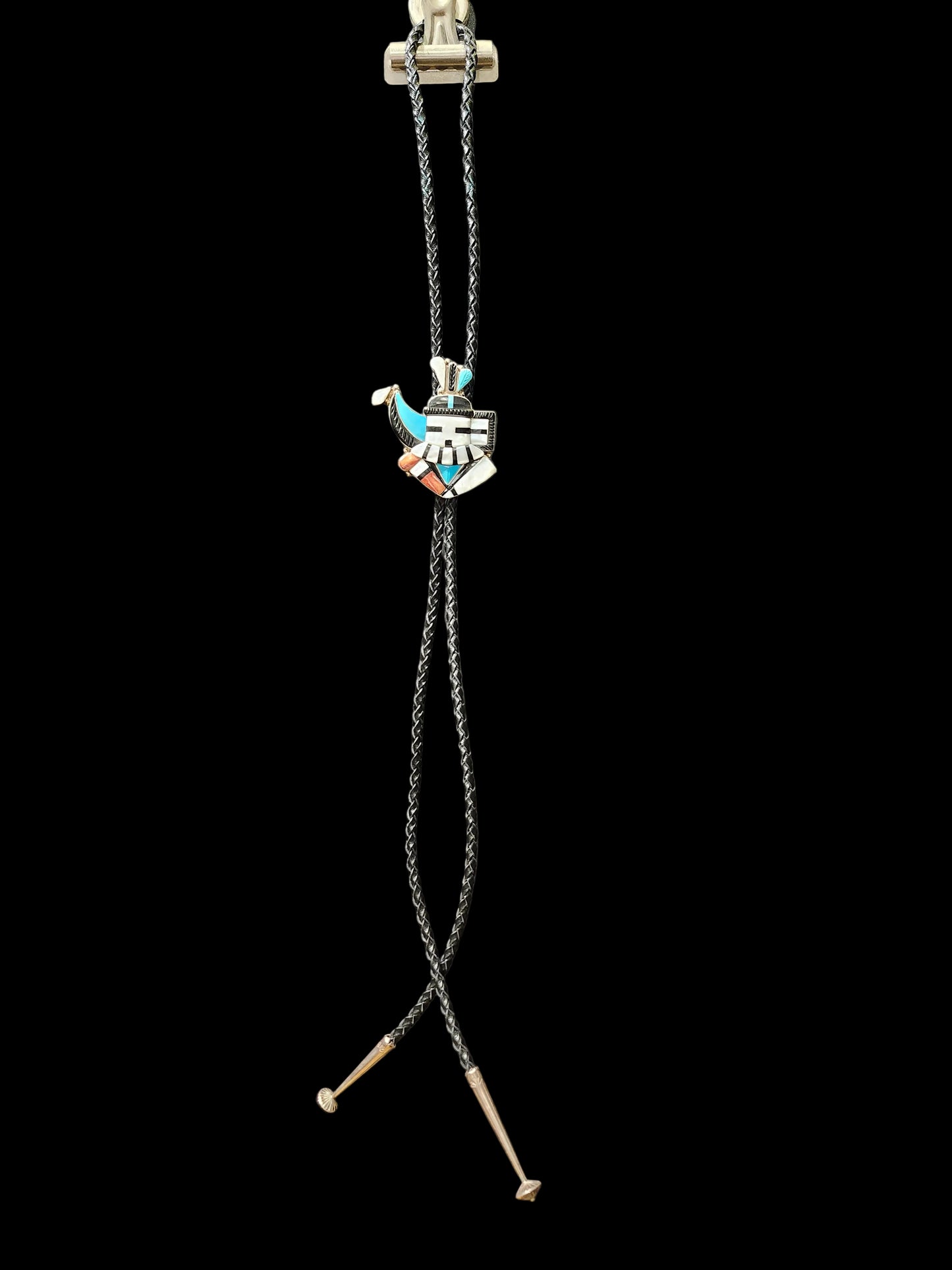 Zuni | Artist Eldred Martinez | Longhorn Kachina Inlay Bolo Tie | Sterling Silver