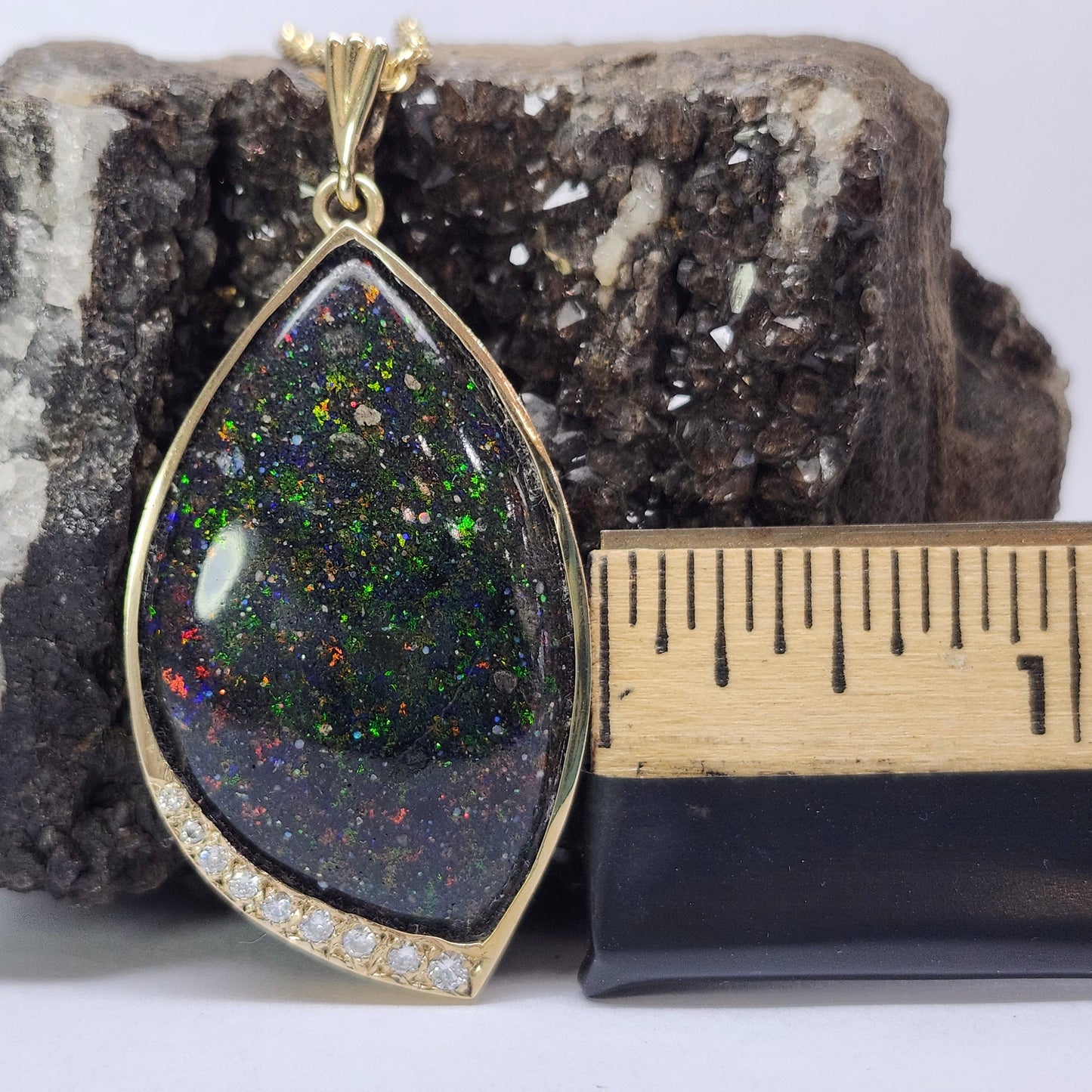 Galaxy | Honduras Black Opal and Diamond Pendant | 14kt Yellow Gold