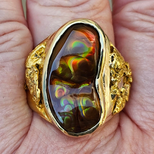 Rolling Fire | Men's 31.35 Gram Fire Agate and Gold Nugget Ring | 14kt