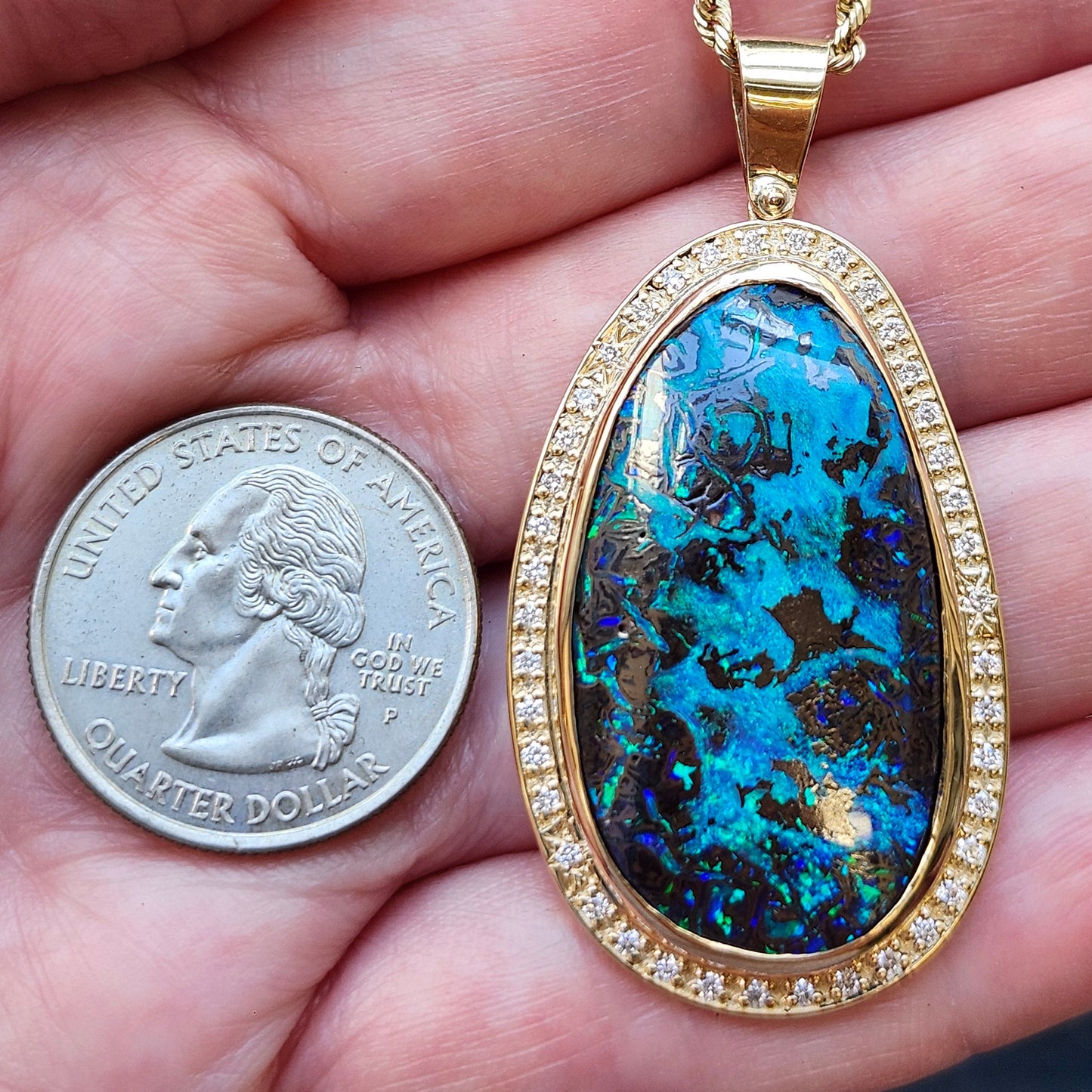 Neptune's Sea | Australian Boulder Opal and Diamond Pendant | 14kt