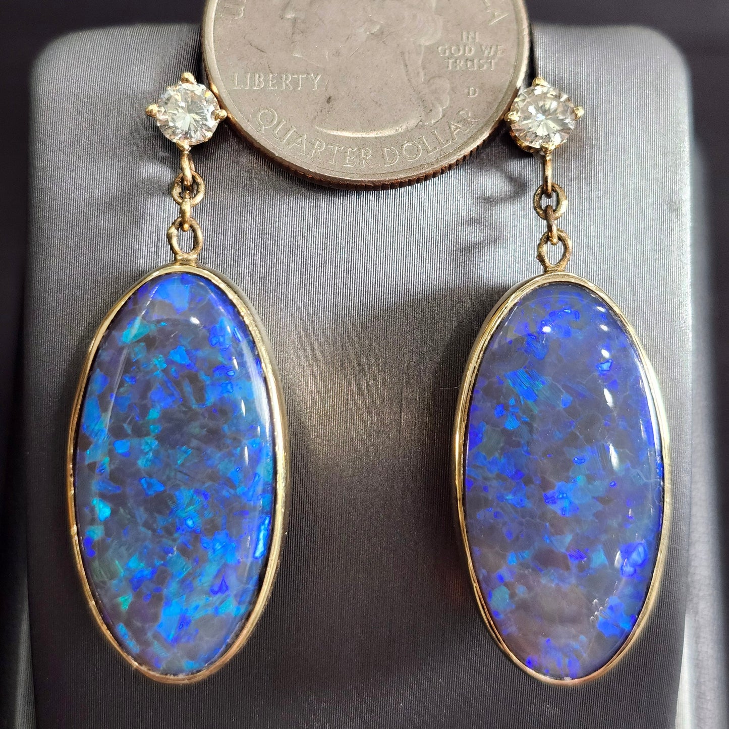 Midnight Fire | Lightning Ridge Black Crystal Opal Dangle Earrings | 14kt Gold