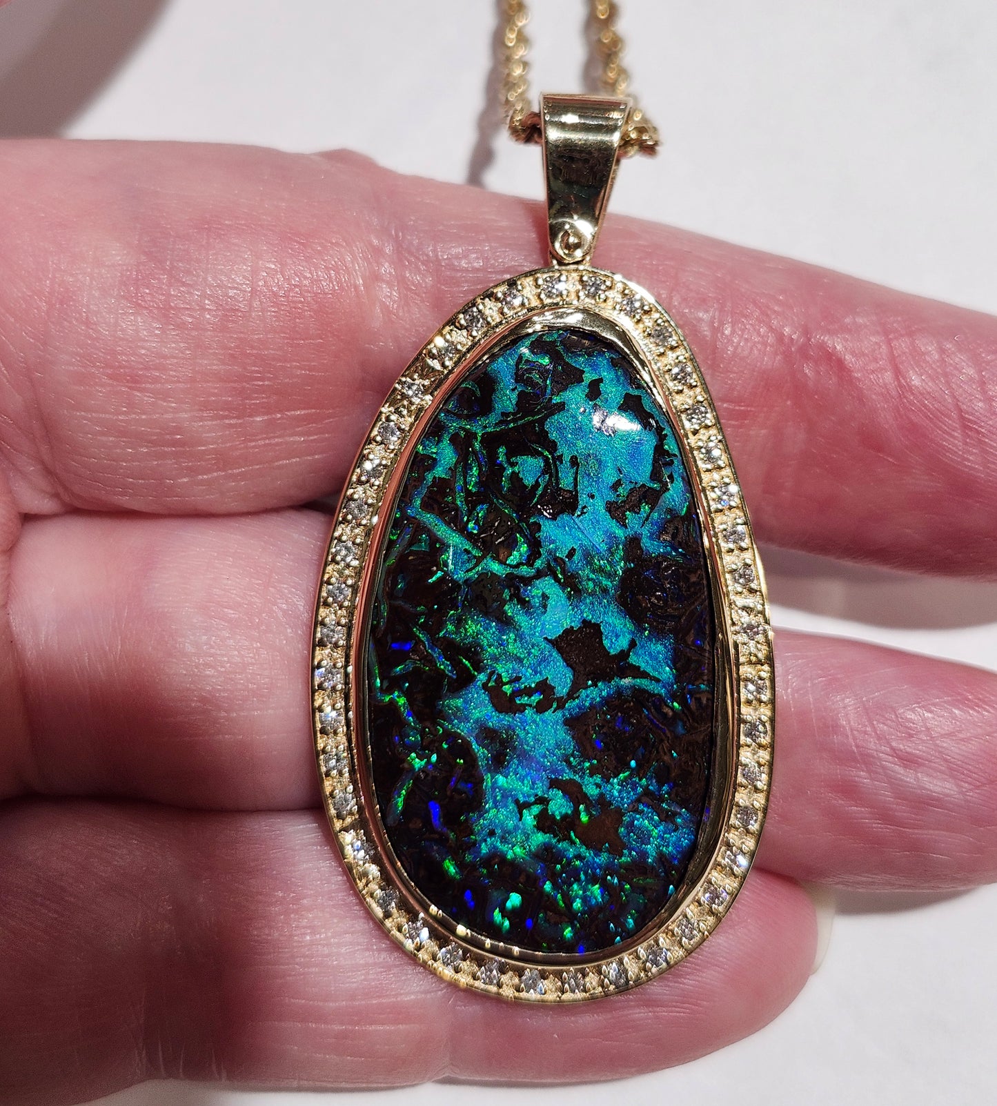 Neptune's Sea | Australian Boulder Opal and Diamond Pendant | 14kt