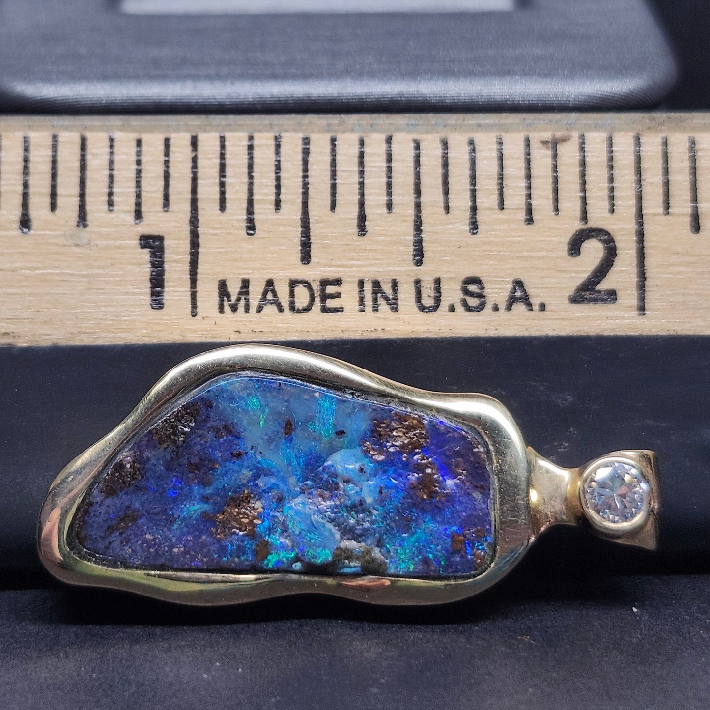 Ripa | Quilpie Queensland Boulder Opal and Diamond Pendant | Custom Made | 14kt Yellow Gold