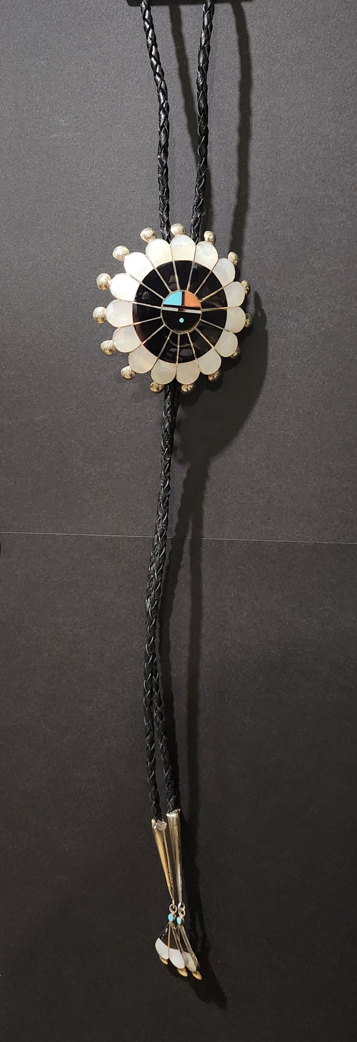 Zuni | Artist Pauline Lonjose | Sunface Inlay Bolo Tie | Sterling Silver