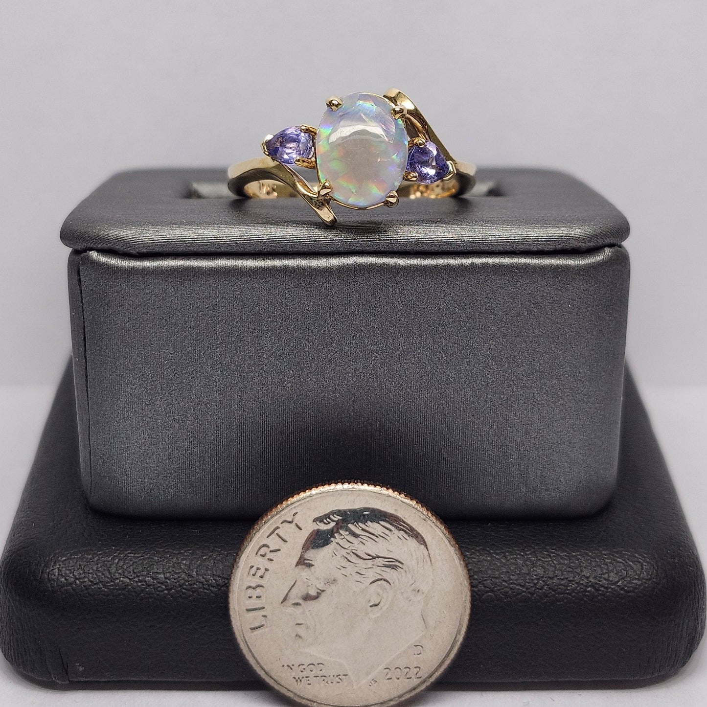 Roxa | Lightning Ridge Semi-Black Opal & Tanzanite Ring | 10kt Yellow Gold