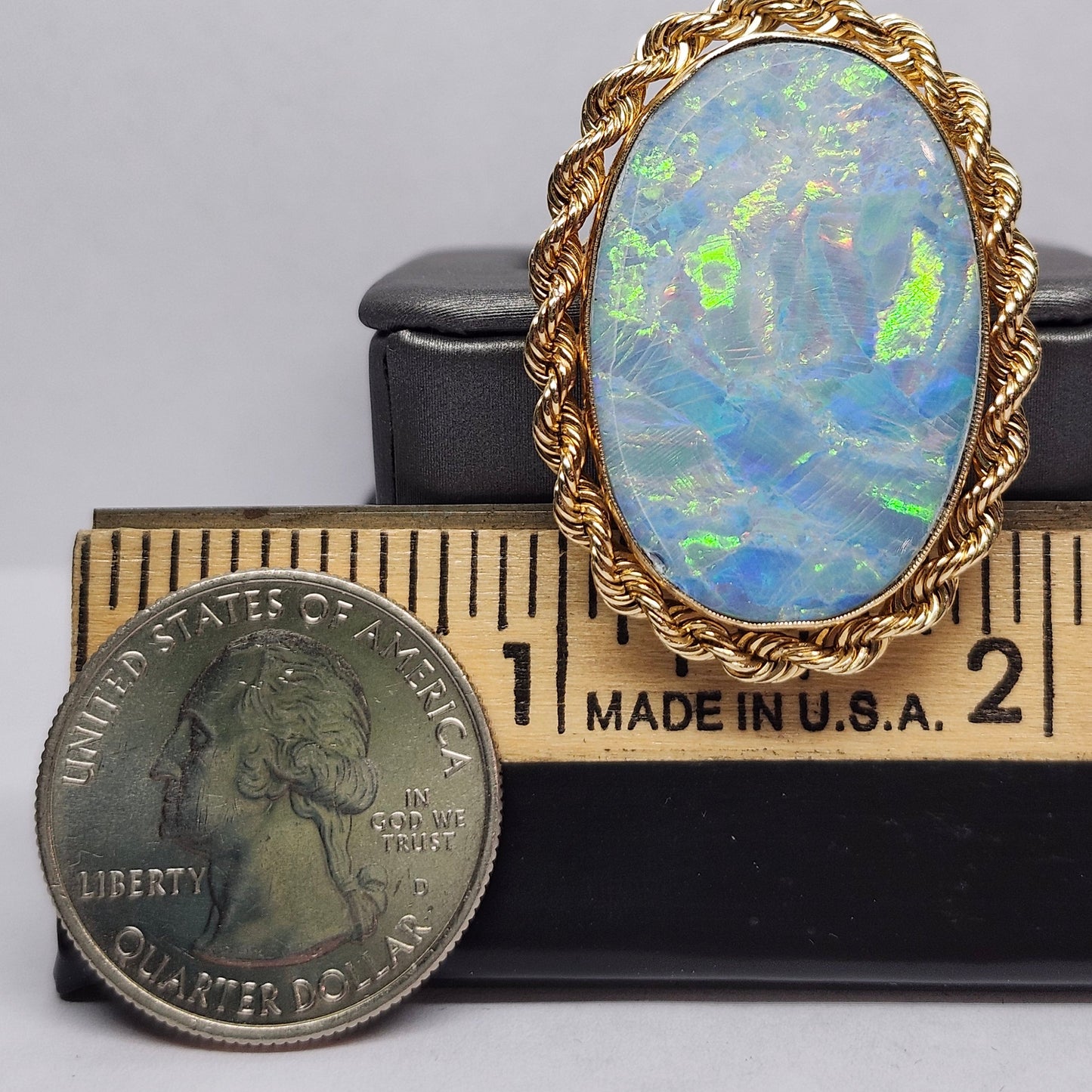 Rica | Lightning Ridge Australian Semi-Black Opal Doublet | Estate Pendant and Brooch/Pin | 14kt Yellow Gold