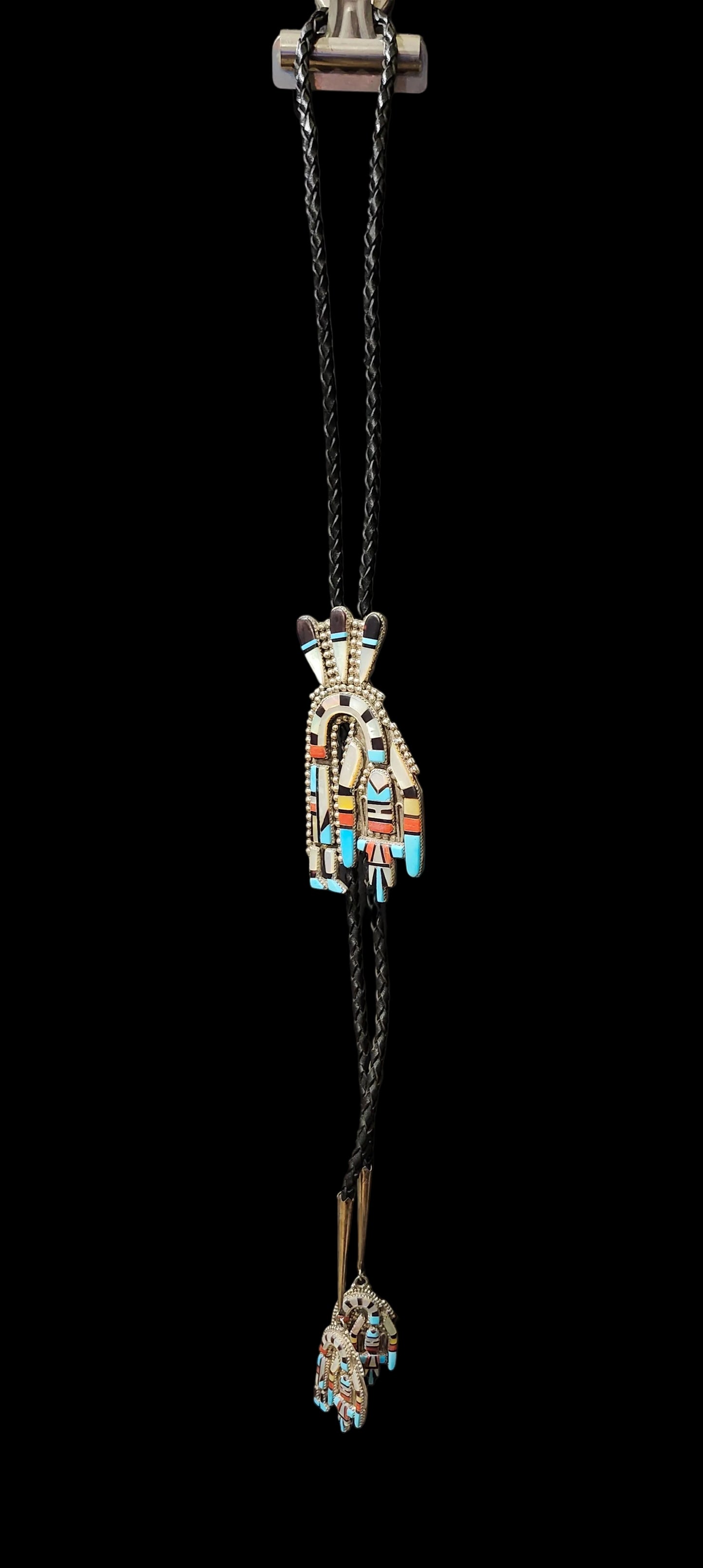 Zuni | Artist Herbert Cellicion | Rainbow Dancer Inlay Bolo Tie | Sterling Silver | Vintage 1980's