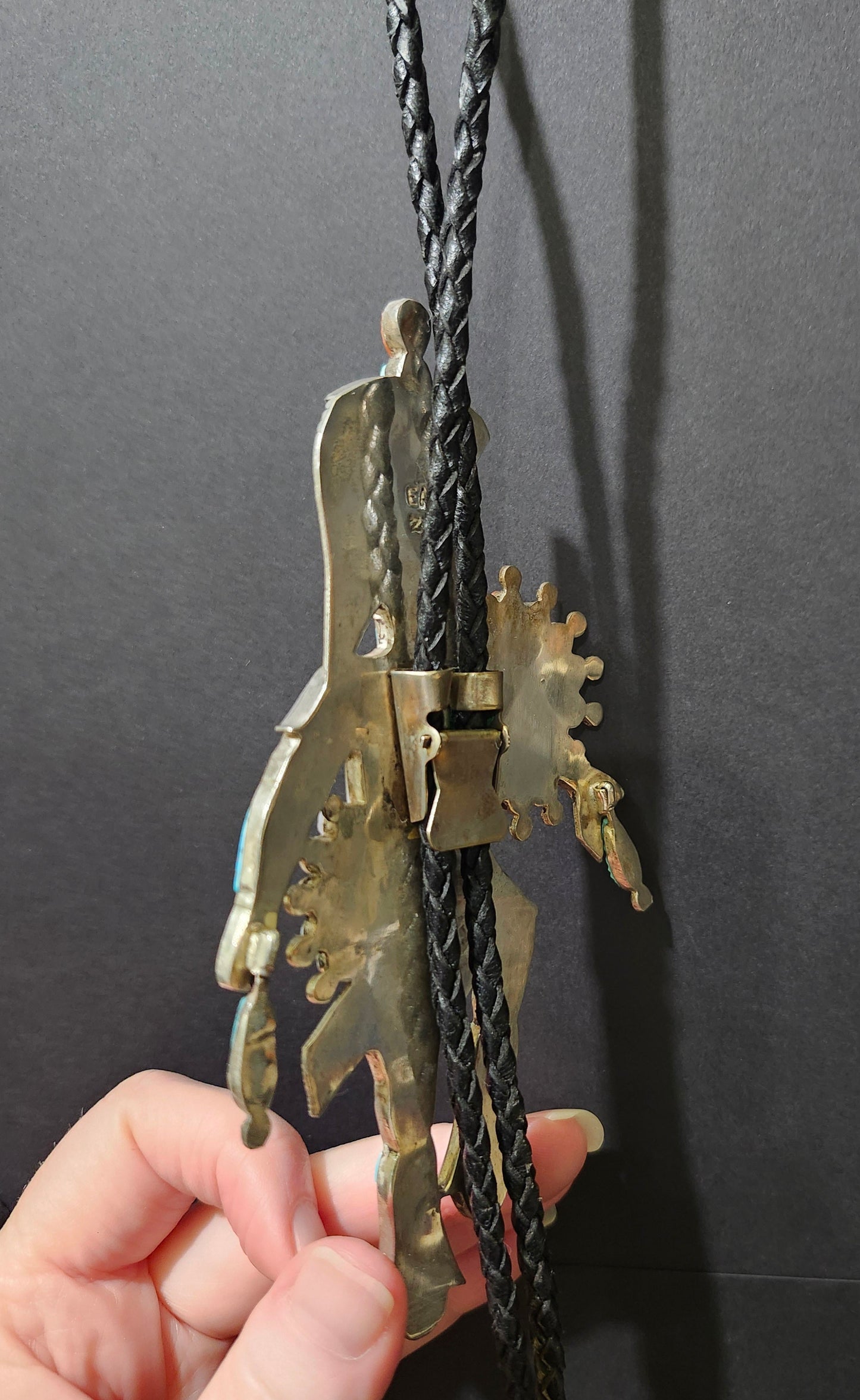 Zuni | Artist Edward Albert Beyuka | 1950's Dancer with Sun Shield Inlay Bolo Tie | Sterling Silver