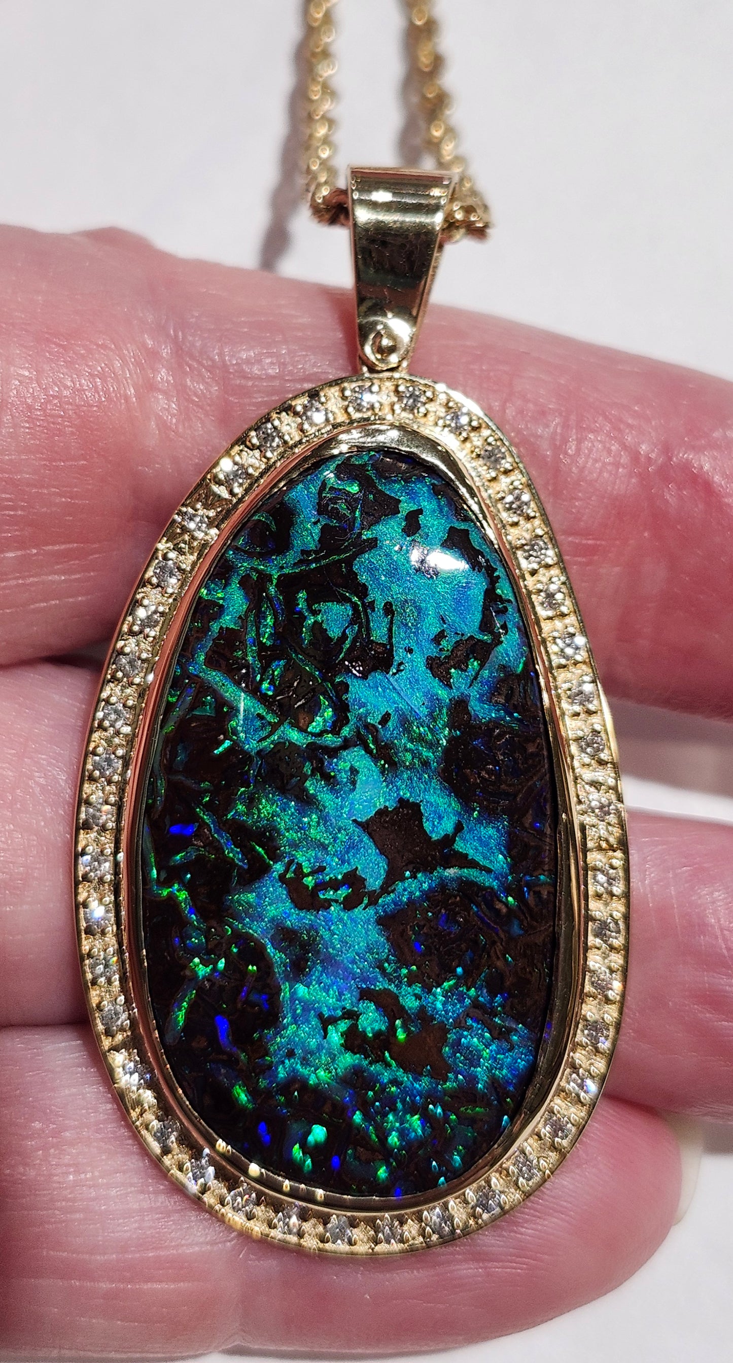 Neptune's Sea | Australian Boulder Opal and Diamond Pendant | 14kt