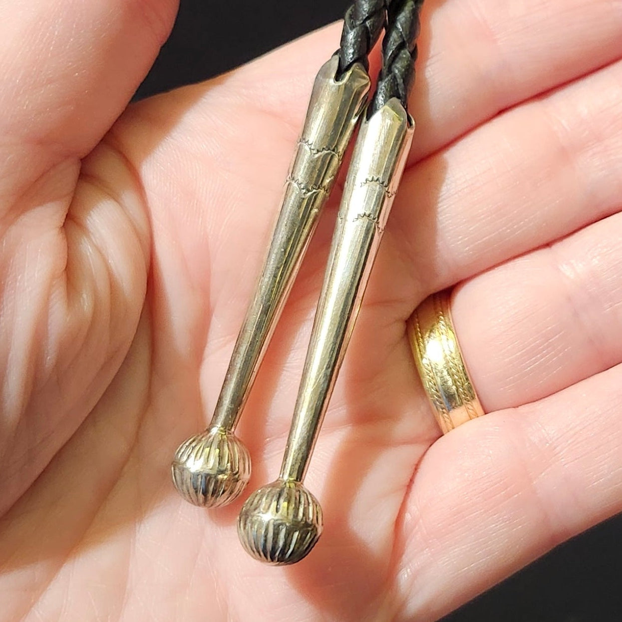 Zuni | Artist Virgil & Shirley Benn | Wolf Head Inlay Bolo Tie | Sterling Silver