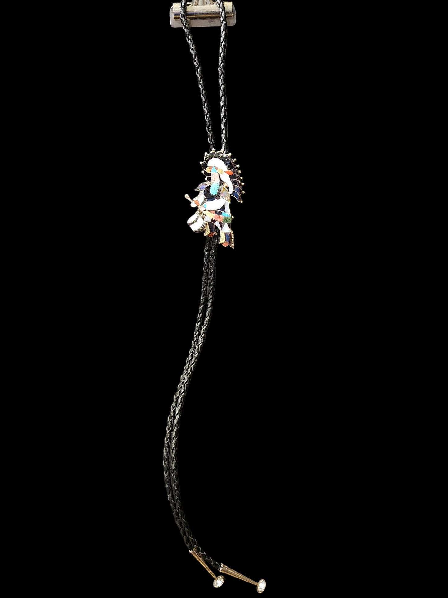 Zuni | Artist Jonathan Beyuka | Warrior Drummer Inlay Bolo Tie | Sterling Silver
