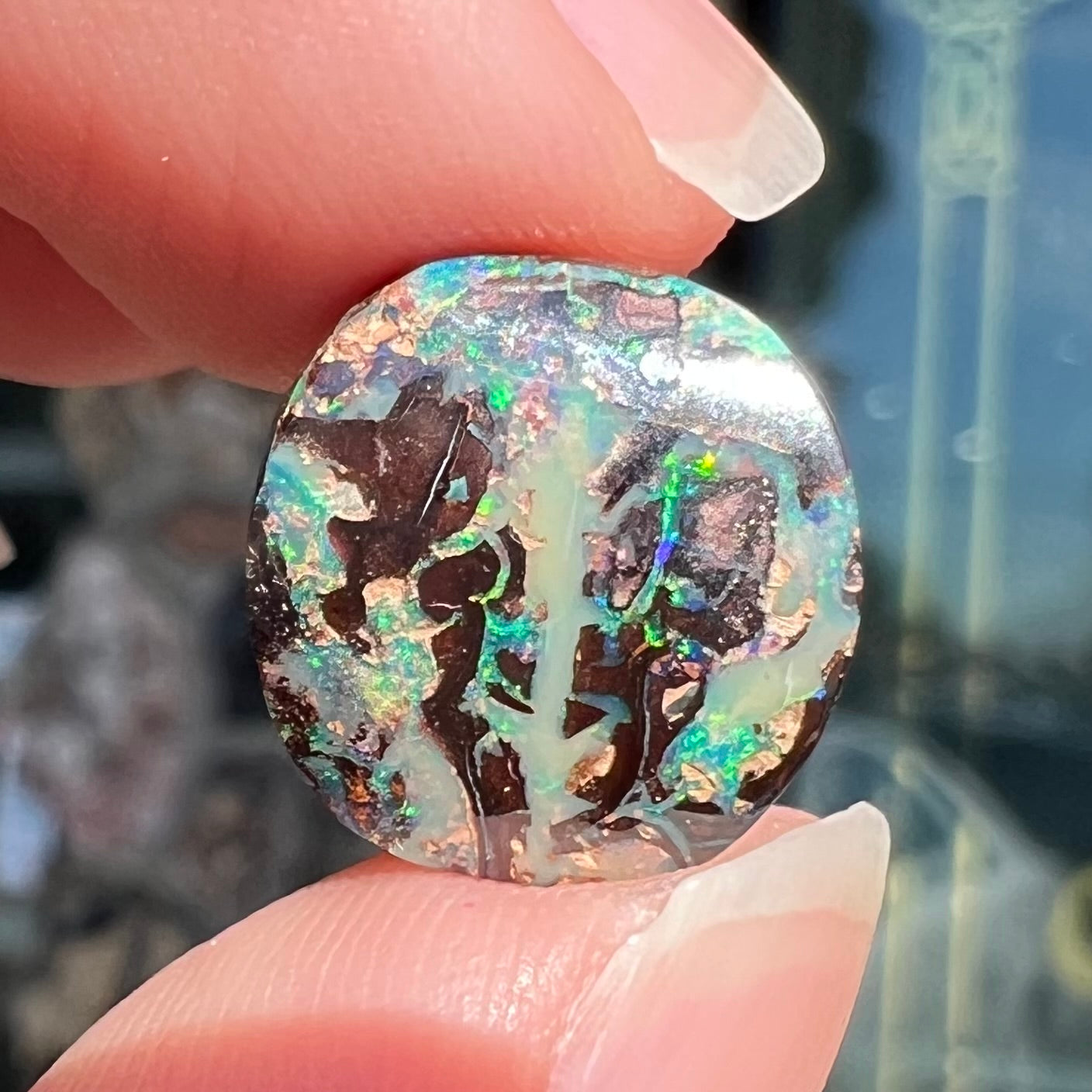An off-round cabochon cut boulder opal stone from Koroit, Australia. The opal has green, blue, and red colors.