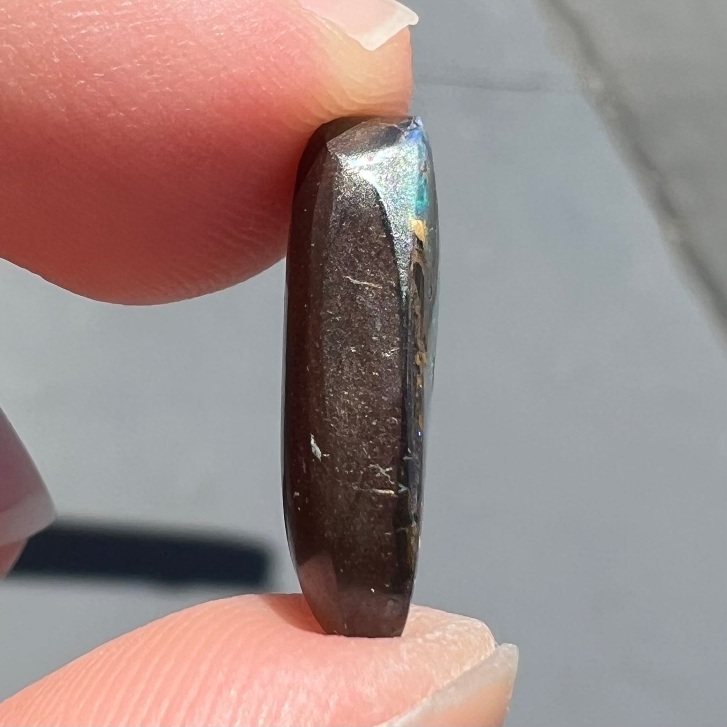 A loose boulder opal stone from Quilpie, Australia. The opal shines colors of green and orange.