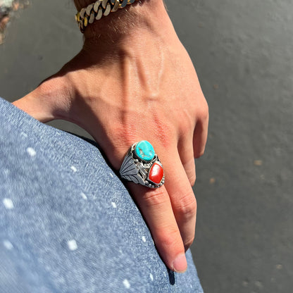 Men's Navajo Turquoise & Coral Ring in Sterling Silver | Vintage c.1960's