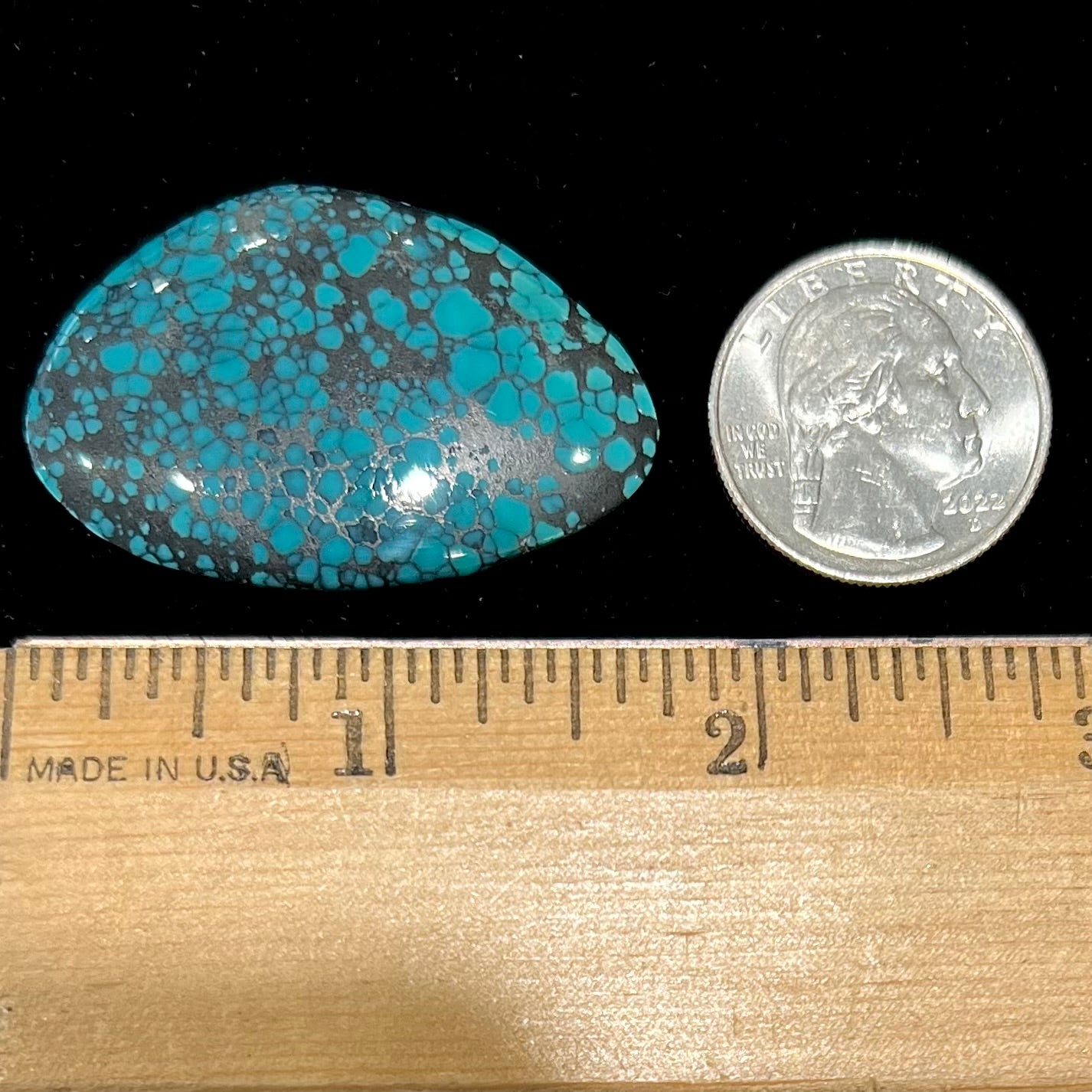A polished, freeform shaped spiderweb turquoise cabochon from Lone Mountain Mine in Esmeralda County, Nevada.