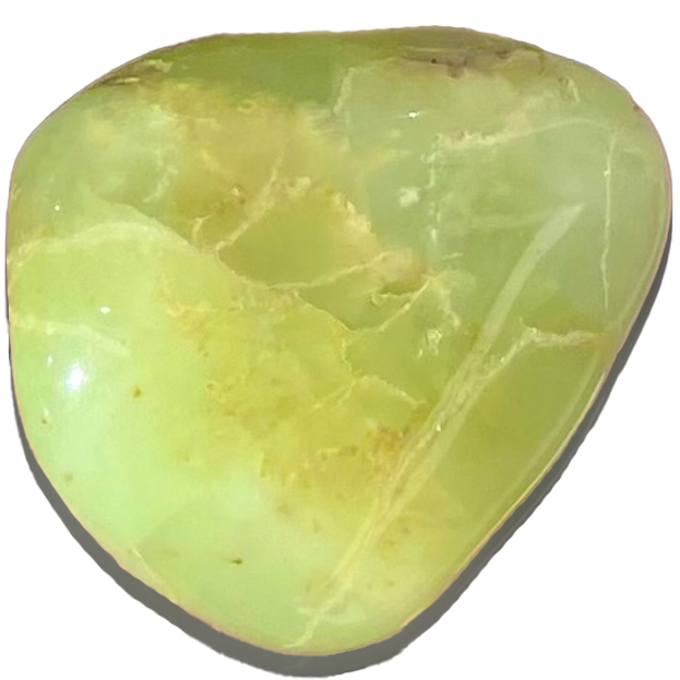 A tumbled sulfur quartz stone.  The rock is pale greenish yellow and transluscent in appearance.