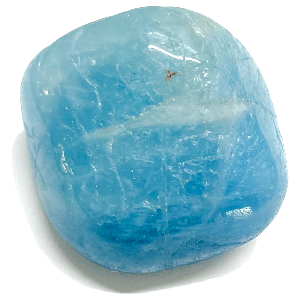 A tumble polished blue aquamarine stone.