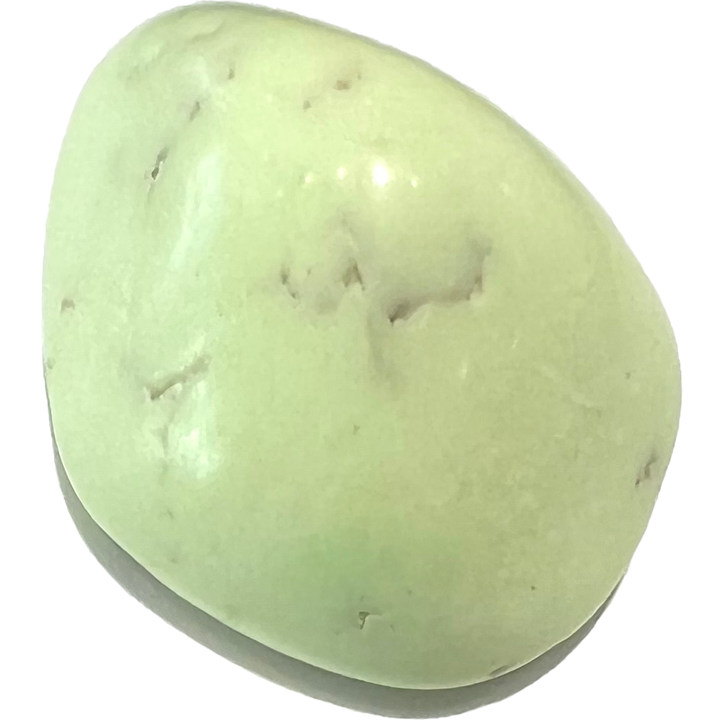 A tumbled citron chrysoprase stone.  The material is an opaque, yellowish lime green.
