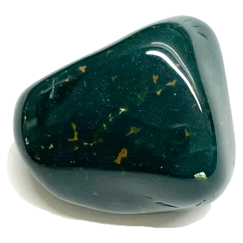 A tumble polished piece of green jasper.  The stone is dark green with small yellow spots.