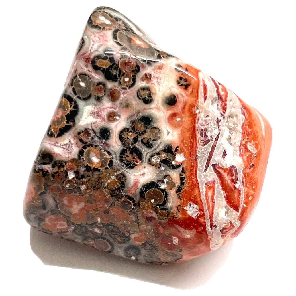 A tumble polished leopardskin jasper stone.  The stone is pink with round black and red spotting.
