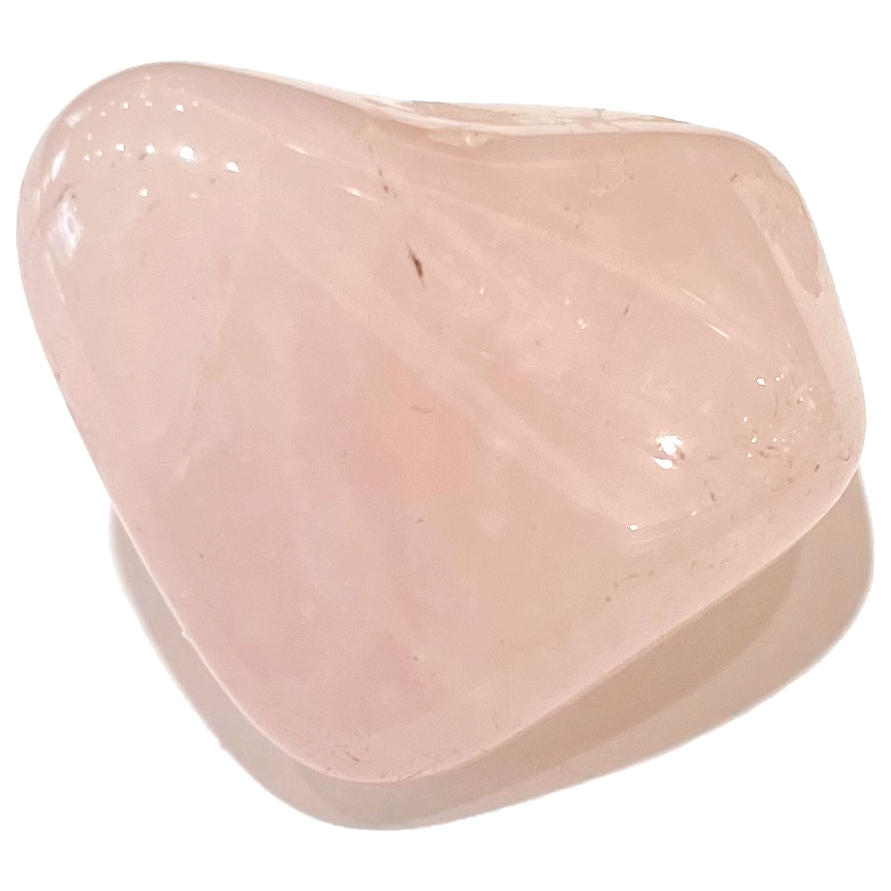A tumble polished pink rose quartz stone.