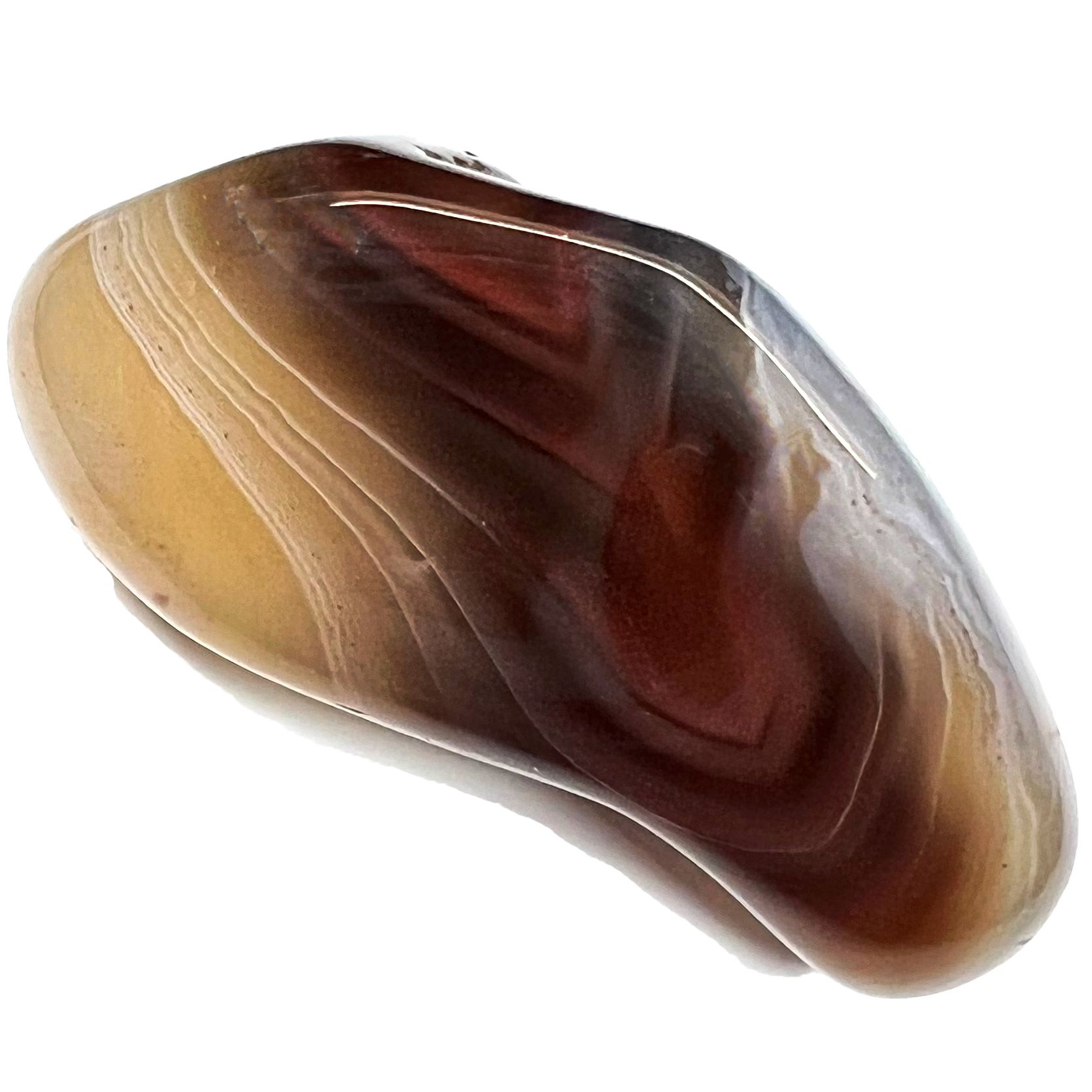 A tumble polished sardonyx agate stone.  The stone is brown with banding.