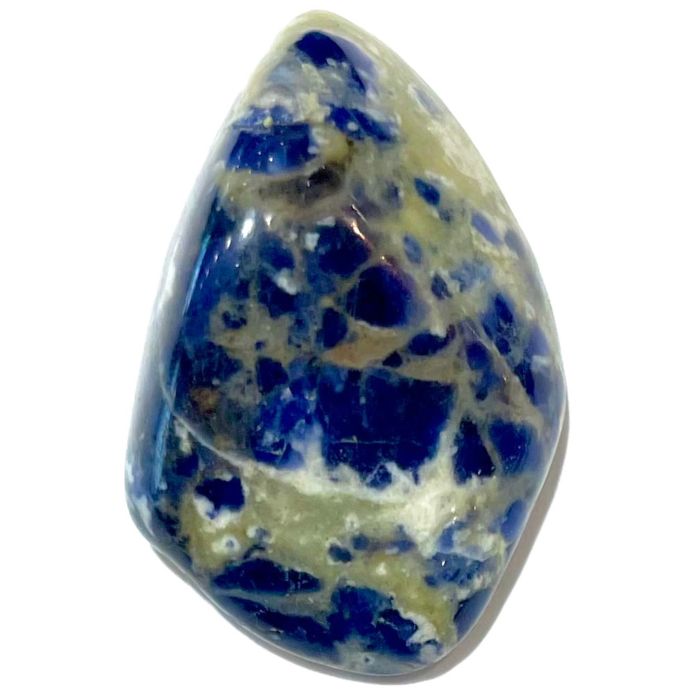 A tumble polished sodalite stone.  The material is blackish blue with white veining.
