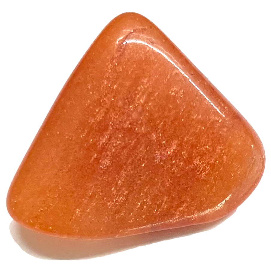 A tumbled orange sunstone.  Soft reflections of light are seen in the stone.