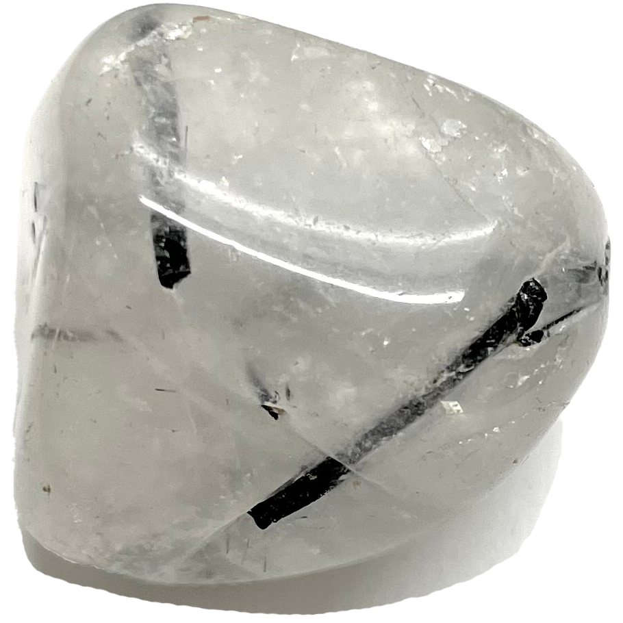 A tumble polished white quartz stone with black tourmaline inclusions.